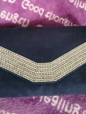 Velvet Gemstone Formal  Clutch Purse In Navy W/silver Chain link Strap